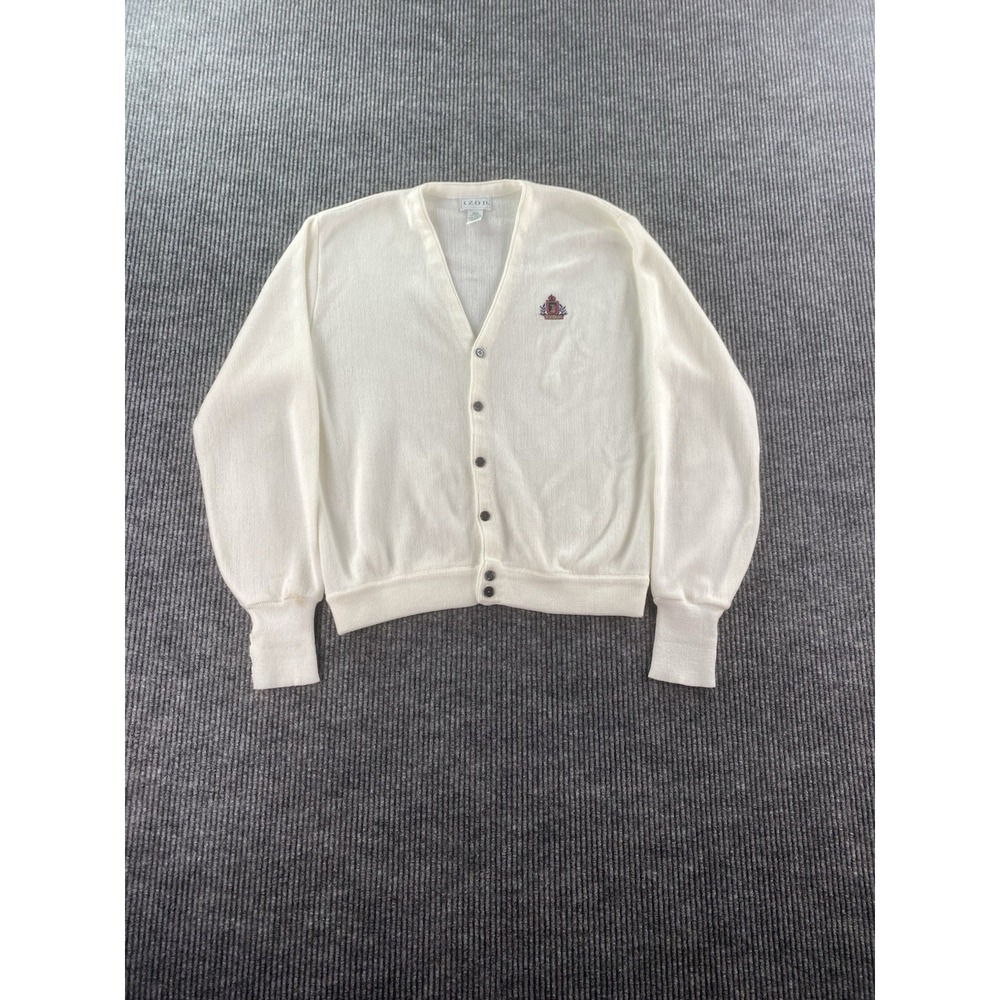Vintage Izod Cardigan Sweater Men Large White Acrylic Crest Logo V Neck 80s 90s